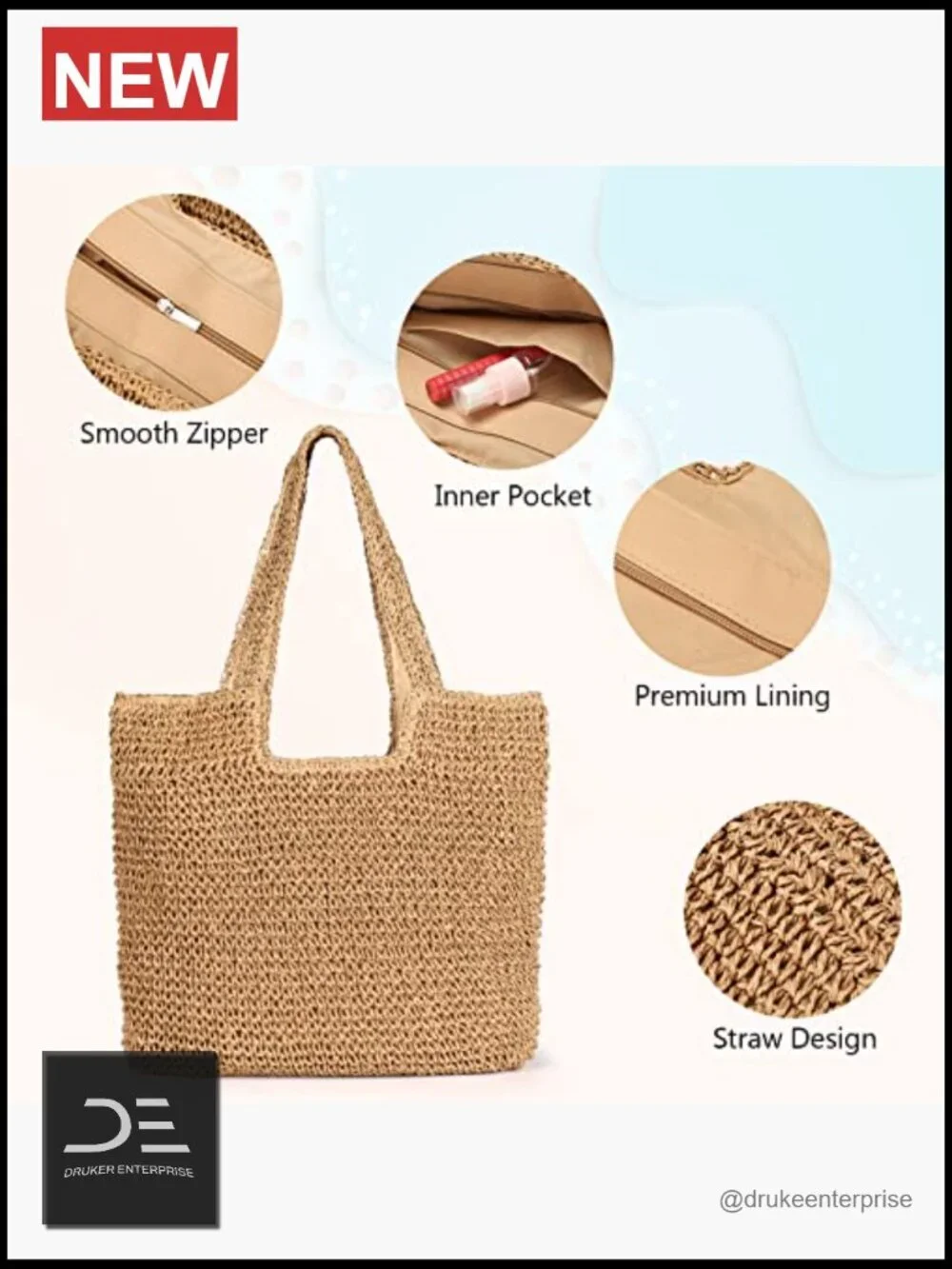 Large Woven Straw Tote Bag, Handmade Bohemian Hobo for Beach Vacation